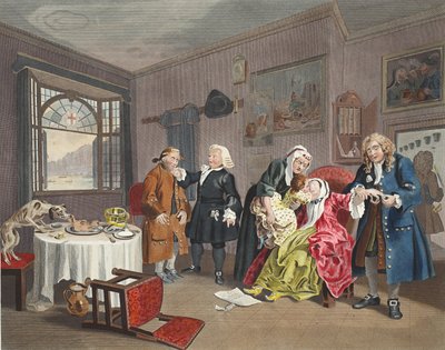 Ekteskap a la Mode, Plate VI, The Lady's Death, illustrasjon fra 'Hogarth Restored: The Whole Works of the celebrated William Hogarth, re-graved by Thomas Cook', pub. 1812 (håndfarget gravering) av William Hogarth