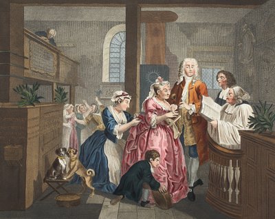 Gift med en gammel hushjelp, plate V fra 'A Rake's Progress', illustrasjon fra 'Hogarth Restored: The Whole Works of the celebrated William Hogarth, re-graved by Thomas Cook', pub. 1812 (håndkolorert av William Hogarth
