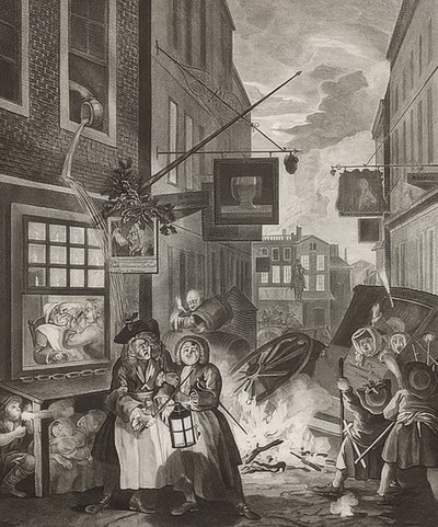 Natti natt. Fra: De fire tidene på dagen / De fire tidene på dagen. 1738 av William Hogarth