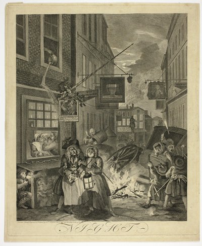 Natt, tallerken fire fra The Four Times of Day av William Hogarth