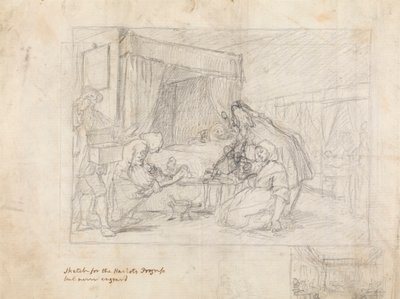 Operasjonsscene på sykehus med datterskisser i margen nederst til høyre av William Hogarth