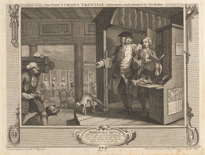 Plate 4, Den flittige 'Prentice en favoritt, og betrodd av sin Mester av William Hogarth