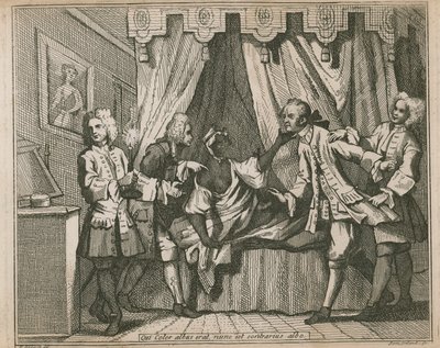 Han som nå var en hvit farge er det motsatte av hvit; Fire menn konfronterer en svart kvinne på soverommet hennes av William Hogarth