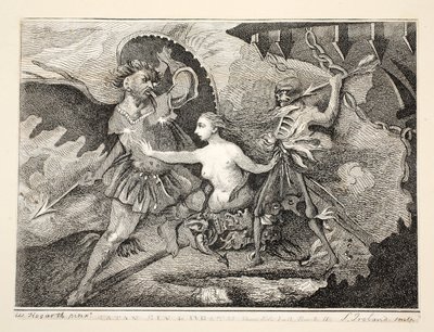 Satan, synd og død, pub. 1792 av William Hogarth
