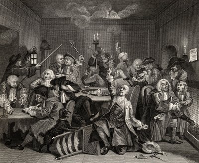 Scene in a Gaming House, plate VI fra 'A Rake's Progress', fra 'The Works of William Hogarth', utgitt 1833 av William Hogarth