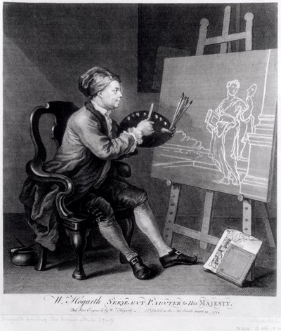 Self Portrait Painting the Comic Muse, gravert av kunstneren, pub. 1758 av William Hogarth