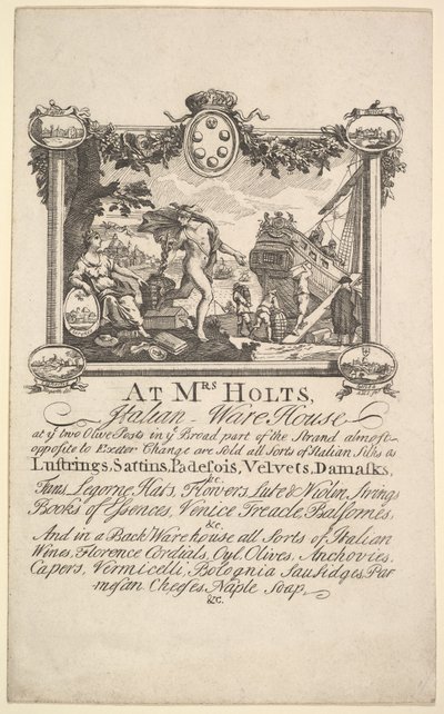 Butikkkort for fru Holts italienske lager, 1720-72. av William Hogarth