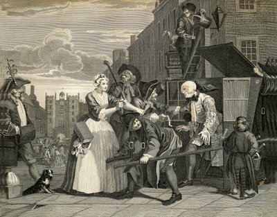 Gatescener i London, av William Hogarth (1697-1764), gravering, England av William Hogarth