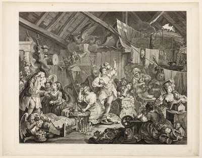 Vandrende skuespillerinner kler seg i en låve av William Hogarth