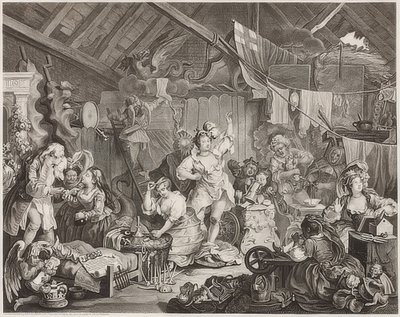 Vandrende skuespillerinner kler seg i en låve. 1738 av William Hogarth