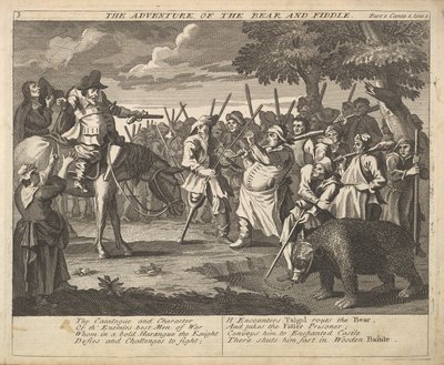 The Adventure of the Bear and the Fiddle Plate 3: Illustrasjoner til Samuel Butlers..., 1725-30. av William Hogarth