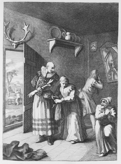 Kuraten og frisøren forkle seg for å formidle Don Quijote hjem av William Hogarth