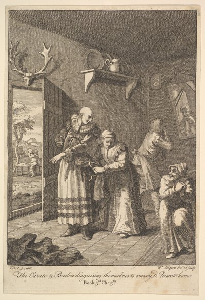 Kuraten og frisøren forkler seg for å formidle Don Quixote Home Six I..., 1756 eller senere. av William Hogarth