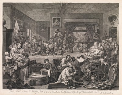 Valget, tavle 1: «Et valgbankett» av William Hogarth