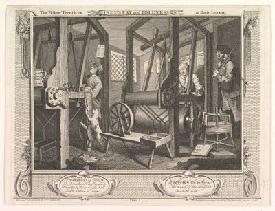 The Fellow Prentices at their Looms Industry and Idleness, plate 1, 30. september 1747. av William Hogarth