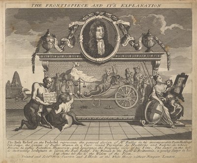 Frontispicen og dens forklaringsplate 1: Illustrasjoner til Samuel Butlers Hud..., 1725-30. av William Hogarth