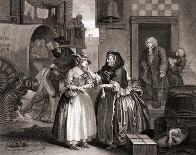 The Harlots Progress fanget av en anskaffer, fra The Works of Hogarth publisert London 1833 (bw gravering) av William Hogarth