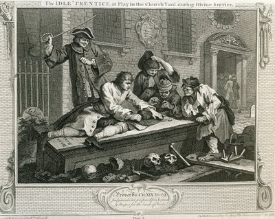 Den ledige 'Prentice at Play in the Church Garden Under Divine Service, plate III av 'Industry and Idleness', utgitt 1833 av William Hogarth