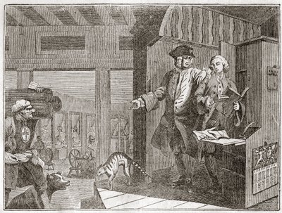 The Industrious 'Prentice, en favoritt og betrodd av sin mester, fra serien "" Industry and Idleness - Plate fra en serie på 12 graveringer av William Hogarth (1697-1764), britisk illustratør, med tittelen "" Industry and Idleness&q av William Hogarth