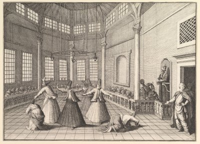 Innsiden av en moske, dervisjene som danser Aubry de La Mottrayes reiser gjennom..., 1723-24. av William Hogarth