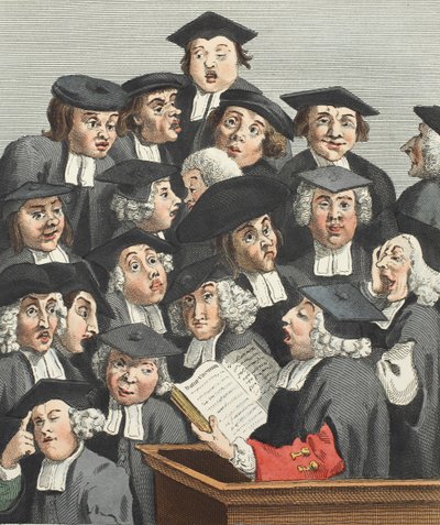 Forelesningen, illustrasjon fra 'Hogarth Restored: The Whole Works of the celebrated William Hogarth, re-graved by Thomas Cook', pub. 1812 (håndfarget gravering) av William Hogarth