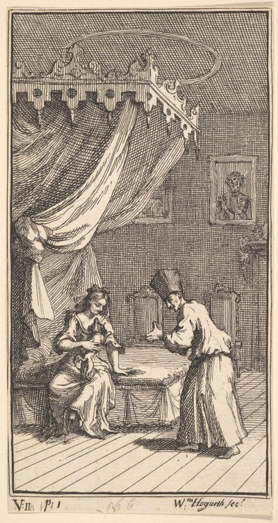 The New Metamorphosis, Plate 5: Fantasio, Transformed into a Lapdog, i med Donna The..., 1724. av William Hogarth