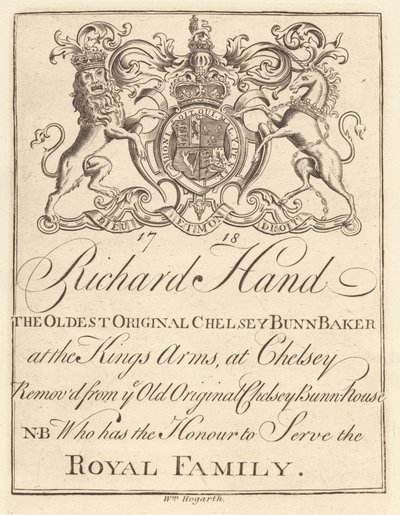 Handelsblad for: Richard Hand, den eldste originale Chelsey Bunn Baker ved King's Arms Chelsey av William Hogarth