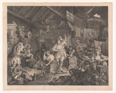Utkledde skuespillerinner og barn i en låve Vandrende skuespillerinner kler seg i en låve av William Hogarth