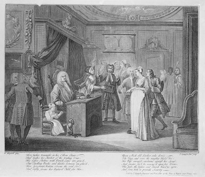 Kvinne som sverger et barn til en gravborger, ca. 1735 av William Hogarth