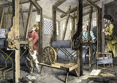 Verksted og arbeider med vevemateriale i Spitalfields, England av William Hogarth