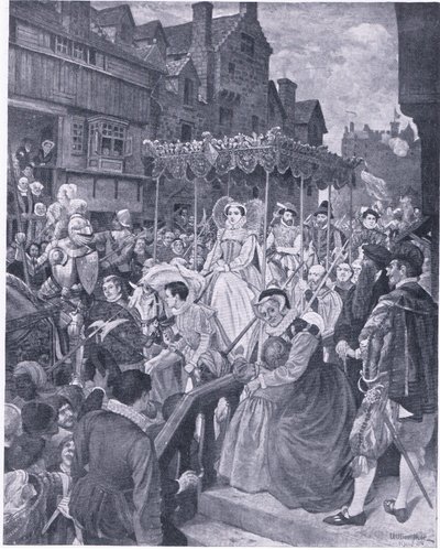 Queen Marys statsinntreden i Edinburgh 1561, fra Cassells History of the British People utgitt av Waverley Book Company, ca. 1950-tallet (litho) av William Hole