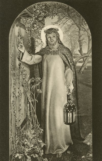 The Light of the World, maleri i Keble College, Oxford, Oxfordshire, som viser Kristus som bærer en lykt og banker på en dør (s/hv-bilde) av William Holman (after) Hunt