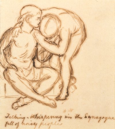 Snakker - hvisking i synagogen full av støyende mennesker (penn og sepia blekk på papir) av William Holman Hunt