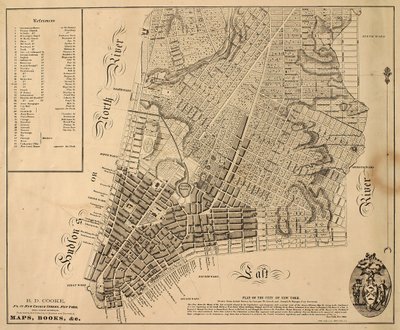 Plan for byen New-York [så langt nord som East 31st Street], 1817 (svart blekk på papir, støttet med stoff) av William Hooker