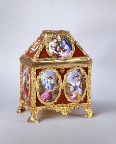 George III kiste som inneholder en kantklokke på samme måte som James Cox, ca. 1770 (forgylt metall, emalje og verre-eglomise) (se også 741846) av William Hopkins Craft