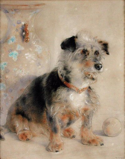 Terrier sitter foran en Canton Famille Rose Vase av William Huggins
