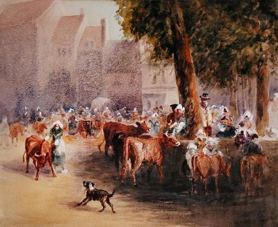 Tidlig morgen i landsbyens storfemarked (akvarell på papir) av William Hunt