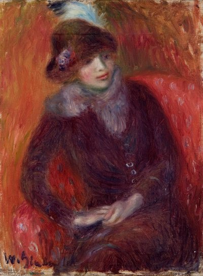 Sittende kvinne med pelshals og rød bakgrunn av William James Glackens
