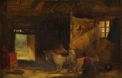 Et walisisk interiør med jente som melker en geit (olje på panel) av William James Muller