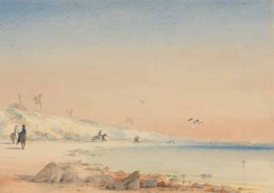 Gambia - en sandbukt med figurer som går og sykler ved Cape St. Mary av William John Chamberlayne