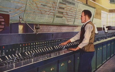 En moderne elektrisk signalboks (fargelitografi) av William John Patton McDowell