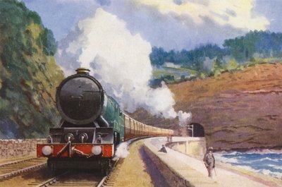 GWR Cornish Riviera Express, trukket av et lokomotiv av quot;Kingquot;-klassen, på turen mellom London og Penzance (fargelitografi) av William John Patton McDowell