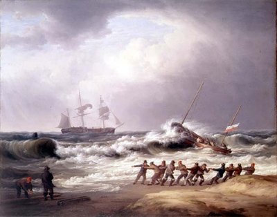 Redningsbåt på vei til et fartøy i nød (olje på lerret) av William Joy
