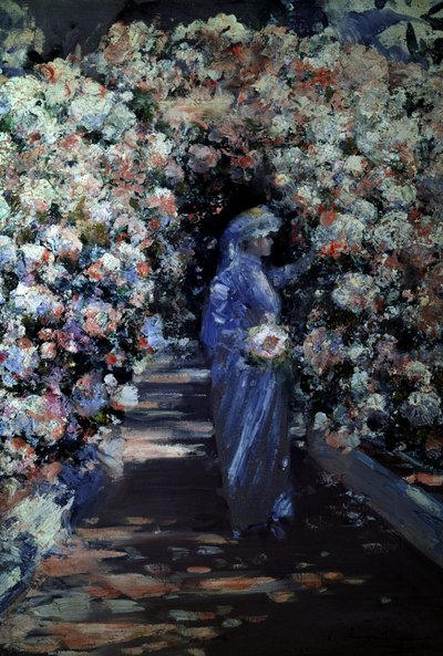 Bruden. En ung brud plukker blomster under en bue i en hage. Maleri av William Kennedy (1859–1918 britisk) Privat samling av William Kennedy