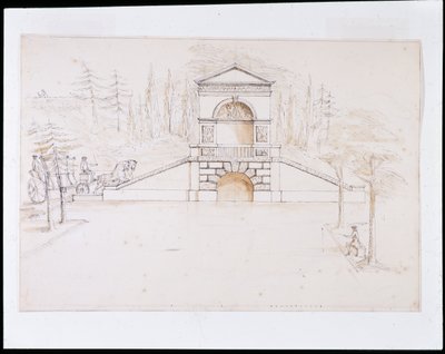 Chiswick, design for en pedimentert kaskade kombinert med en veibro ved enden av kanalen (penn og blekk og vask på papir) av William Kent