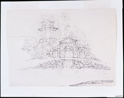 Chiswick, design for en steinord-kaskade med et åttekantet dorisk tempel på terrassen bak (penn og blekk over blyant på papir) av William Kent