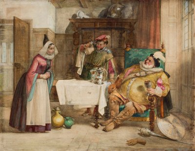 Scene fra Shakespeares "Merry Wives of Windsor": Falstaff, Bardolf and Hostess, 1860 av William Knight Keeling