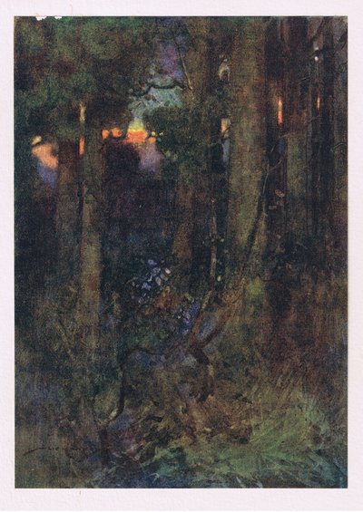 De sammenfiltrede skogene der fuglene glemte å synge, men tause flaggermus i døsige klynger klamrer seg til (farge litho) av William Lee Hankey
