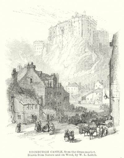 Edinburgh Castle, fra Grass-markedet (gravering) av William Leighton (after) Leitch