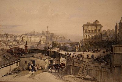 Edinburgh fra haugen (farge litho) av William Leighton Leitch
